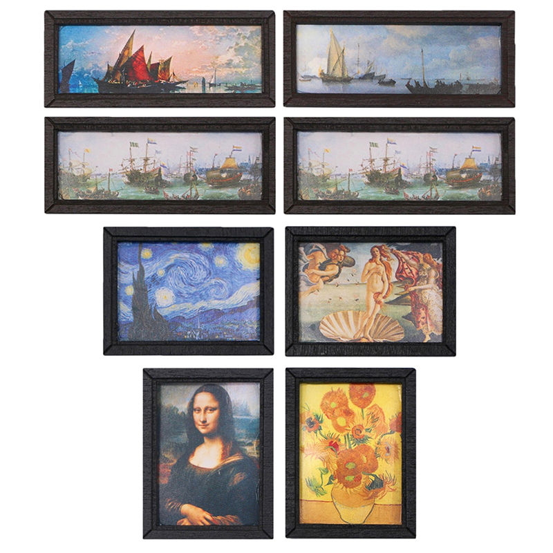 Resin Art With Wood - 8Pcs 1:12 Dollhouse Vintage Oil Painting